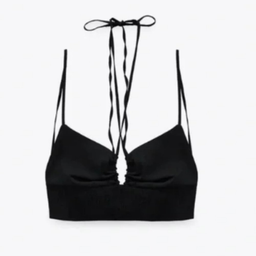 Zara Black Stretch Linen Blend Crop Top, Size Large